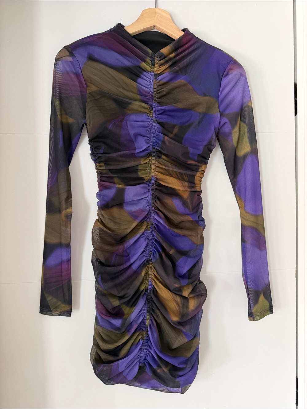 Zara Purple & Olive Ruched Mesh Long-Sleeve Mini Dress